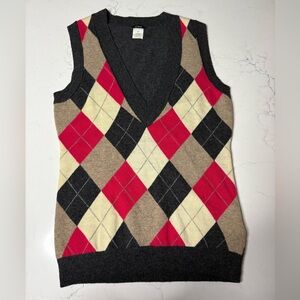 J. Crew Women’s V-Neck Argyle Sweater Vest Red, Gray Tan Wool Cashmere Blend